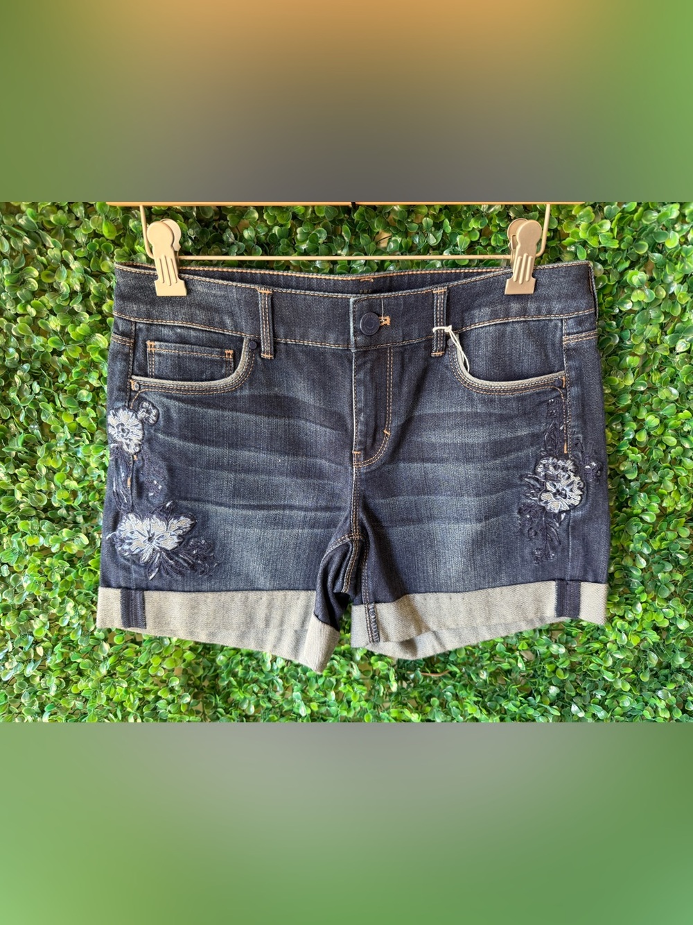 Loft Denim Floral Embroidered Cuffed Women's Shorts - Dark Blue